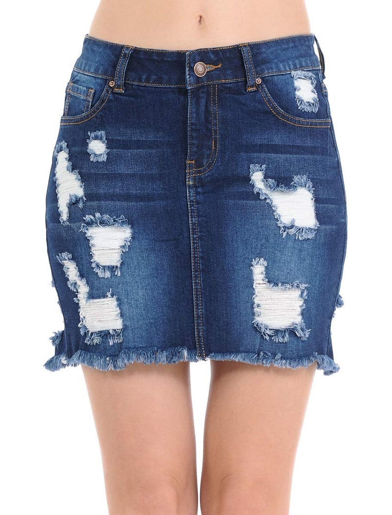 WAX JEAN Wax Women's Juniors Casual Distressed A-Line Denim Short Skirt, Dark, s - Image 1